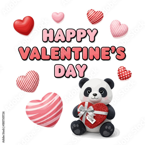 Adorable panda character celebrating Valentine's Day, holding a heart-shaped gift amidst floating decorative hearts, perfect for romantic greetings and loving sentiments for the holiday season