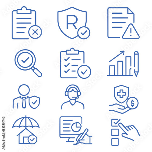 Business icons collection featuring security, verification, and financial elements in a simple line style
