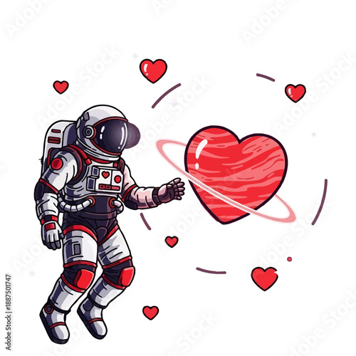 An adventurous astronaut extends a hand towards a celestial heart, symbolizing boundless love and a cosmic connection in the vastness of space, evoking wonder and affection