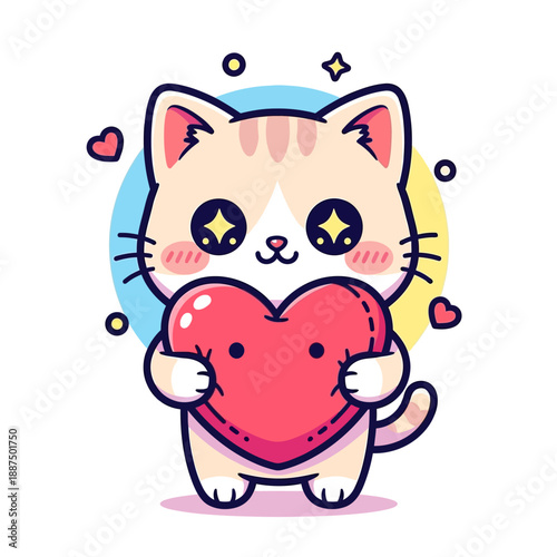 Adorable cartoon kitten character holding a big red heart, expressing love and affection, perfect for Valentine's Day or sweet messages for children