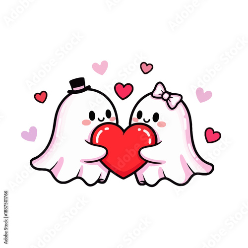 Adorable cartoon ghosts in love sharing a red heart symbol, symbolizing affection and romance with a touch of Halloween charm