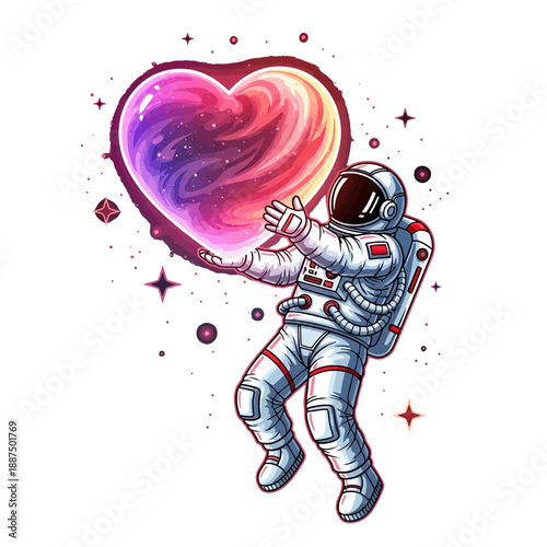 An astronaut gently holds a vibrant, glowing cosmic heart, symbolizing love and wonder amidst the vastness of space, surrounded by sparkling stars