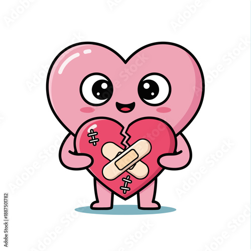 Cute cartoon heart with bandage, symbolizing healing and recovery after heartbreak, in a kawaii art style