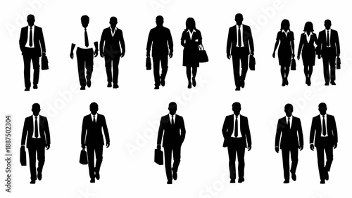 Silhouettes of Business Professionals Walking Alone Together.