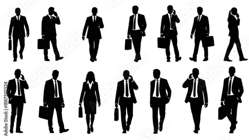 Silhouettes of Business Professionals Walking with Briefcases.