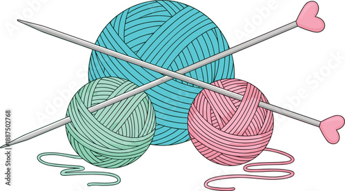 Colorful yarn balls with knitting needles illustration, handmade craft and knitting concept, wool threads, cozy hobby, vector design isolated
