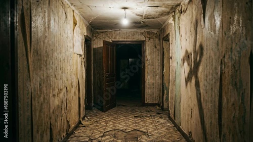 Wallpaper Mural Creepy Abandoned Apartment Hallway With Peeling Wallpaper and Single Bare Light Bulb Illuminating the Dark Interior With Open Door at the Torontodigital.ca