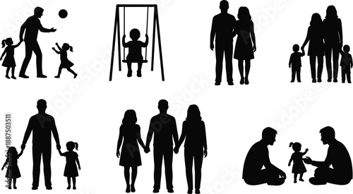 Family silhouettes set with parents and children, happy bonding moments, parenting activities, togetherness concept, black figures isolated on white background