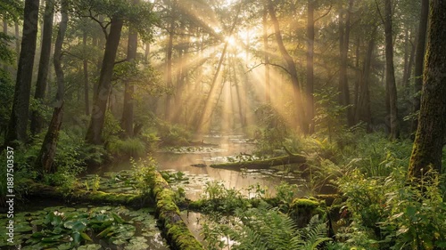 Golden Sun Rays Pierce Through Lush Green Forest Canopy Illuminating a Serene Swamp with Lily Pads and Misty Atmosphere at Dawn