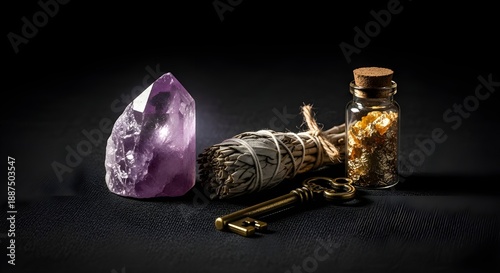 Amethyst Crystal Still Life | Mystical Sage Bundle and Golden Key Spiritual Background