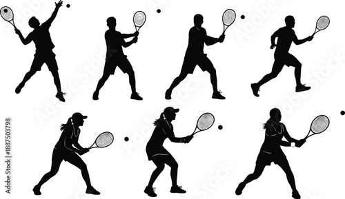 Tennis player silhouettes set in action poses, forehand and serve movements, sport activity concept, black athletes isolated vector illustration