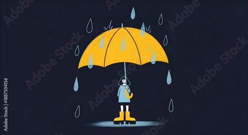 Protection Concept | Girl with Yellow Umbrella and Rain Boots Illustration