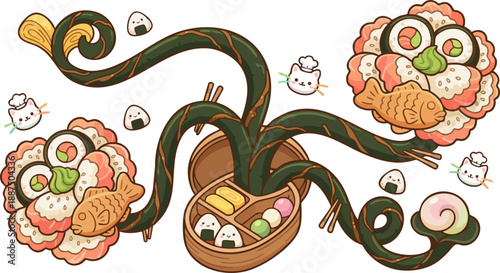 Whimsical illustration of sushi dishes with tentacles emerging from a bento box, surrounded by floating sushi elements in a fantastical setting