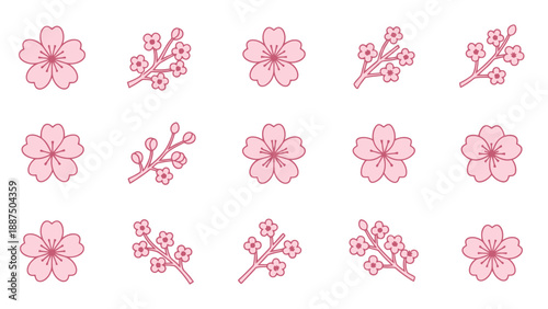 Cherry Blossom Icons Set: Pink Flowers and Branches, Vector Illustration