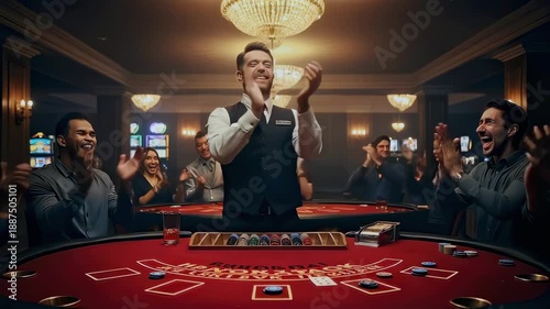 Audience erupts into applause when dealer demonstrates winning cards during merrymaking - Celebratory cheers fill room croupier takes card from the shuffle and places it on the blackjack table