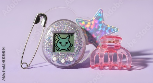 Nostalgic Y2K Aesthetic - Virtual Pet, Pink Hair Clip, and Glitter Star 3D Render Poster
