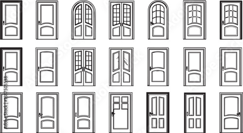 Large Set of Interior Door Outline Icons Featuring Various Classic and Arched Wooden Door Frame Designs