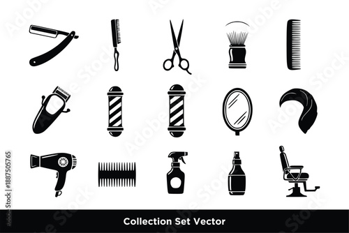 Professional Barber Shop and Hairdressing Tool Vector Icons