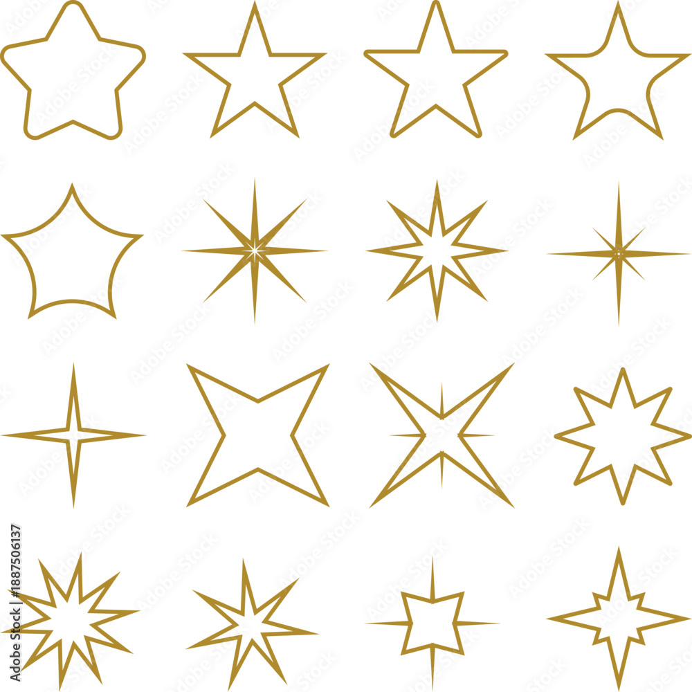 Obraz premium Golden star bundle with various styles isolated on white background, Vector, illustration