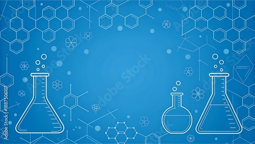 Abstract science background with chemical molecular structures and laboratory flasks on a blue backdrop, symbolizing research.