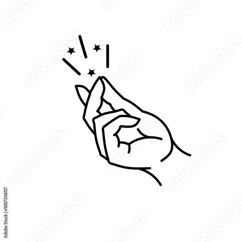 Finger snap. Minimalist line art of a hand performing a finger snap gesture with sparkles or sound lines. Simple vector icon representing an easy task, instant solution, magic, inspiration.