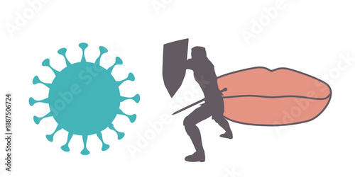 Knight standing near human lips and protecting against herpes virus. Medication for healthcare and pharmaceutical concept. Virus disease prevention and protection.
