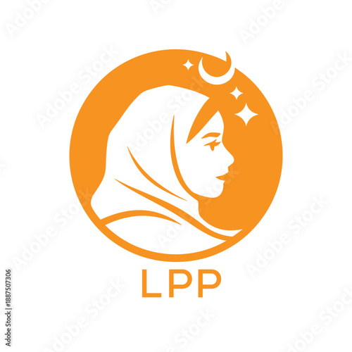 LPP Elegant Muslim Woman Logo. LPP with Crescent Moon and Stars – Islamic Beauty, Hijab Fashion & Modest LPP Branding Icon.
