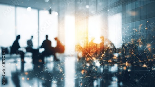 Abstract business background with blurred meeting room, modern corporate office interior, soft light, professional workplace concept background