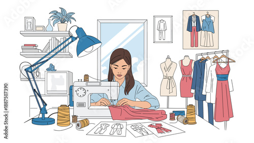 Talented female fashion designer working at her sewing machine in a creative studio surrounded by patterns and mannequins with stylish dresses.