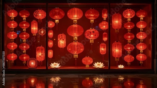 Festive red lanterns hanging neatly inside a dark window display