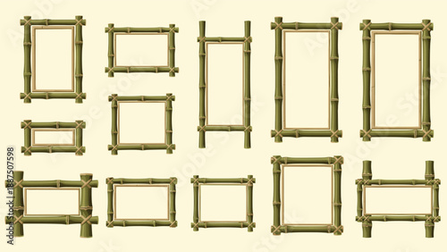 Selection of empty wooden frames crafted from natural green bamboo sticks in different rectangular sizes for tropical or eco-friendly designs.