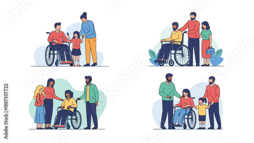 Illustration set showing diverse family members and caregivers supporting people in wheelchairs highlighting inclusivity and professional care.