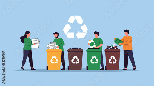 Diverse group of individuals sorting paper and plastic waste into designated recycling bins under a large white recycle icon.