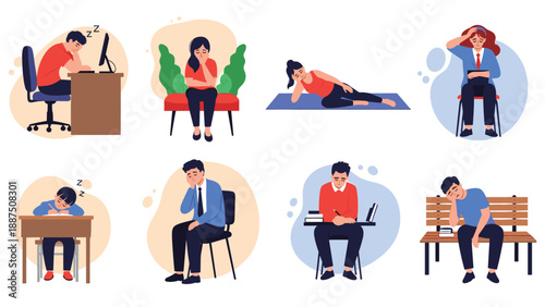 Collection of people showing signs of fatigue and exhaustion in various situations like working, studying, and exercising.