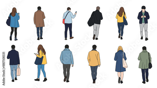 Collection of diverse people seen from behind while walking or standing in casual and stylish seasonal outfits for street scenes.