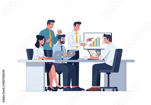 A busy businessman and a professional woman work at a computer desk in a cartoon vector illustration of a modern office and laboratory