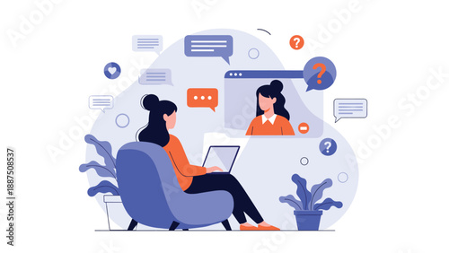 Woman sitting in a comfortable armchair using a laptop for a video call with another person in a modern workspace environment.