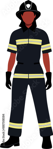 Single firefighter silhouette, solid black flat vector, strong upright pose