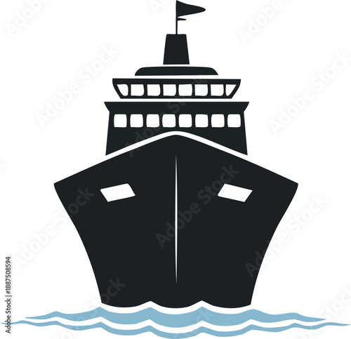  Single ship silhouette, solid black flat vector, side view, clean hull shape, minimal design