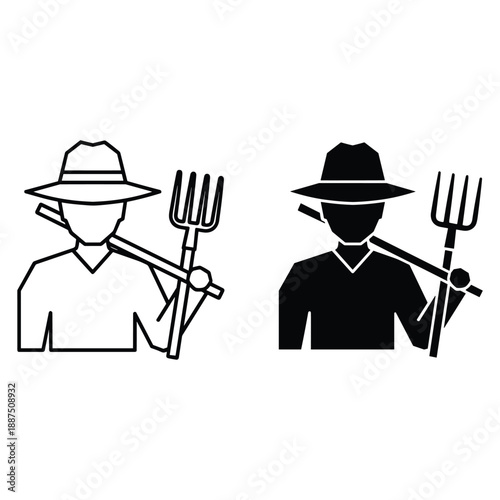 Two stylized figures in hats holding pitchforks one white one black line two figures line black and white