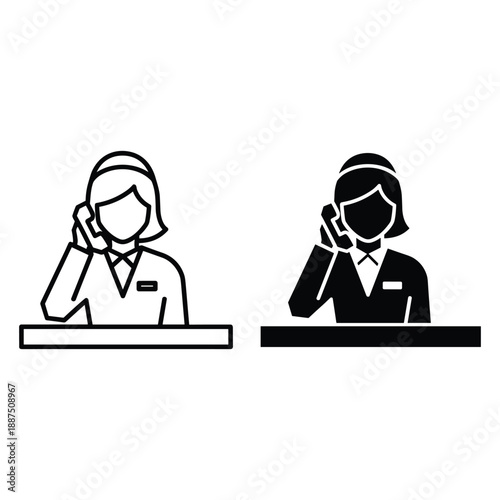 Two stylized figures in uniforms talking on mobile phones at desks