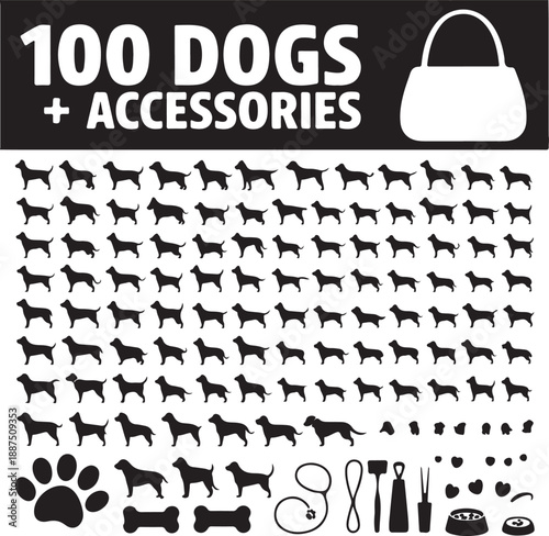100 dogs icons and Dog accessories,vector pet emblem, dogs staff