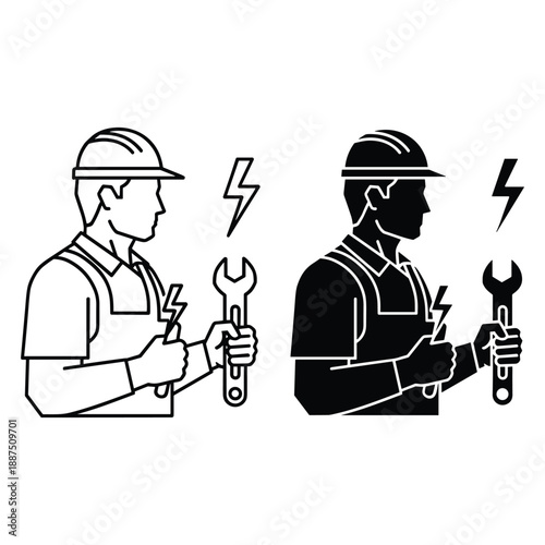 Two workers in hard hats holding wrenches with lightning bolts indicating electrical work