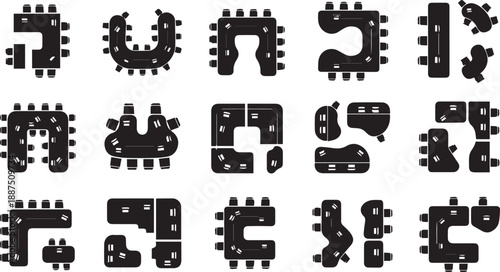 Set of Modern Office Modular Desk and Seating Layout Icons Featuring Top View Plan Views for Interior Workplace Design