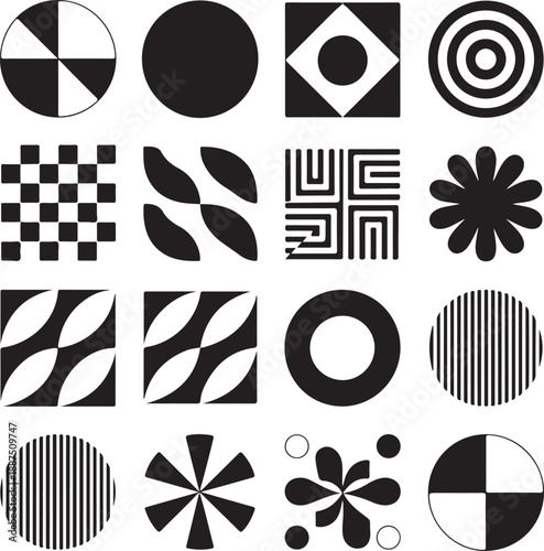 A set of graphic elements. Abstract geometric figures. Decorative minimalistic brutalist forms.