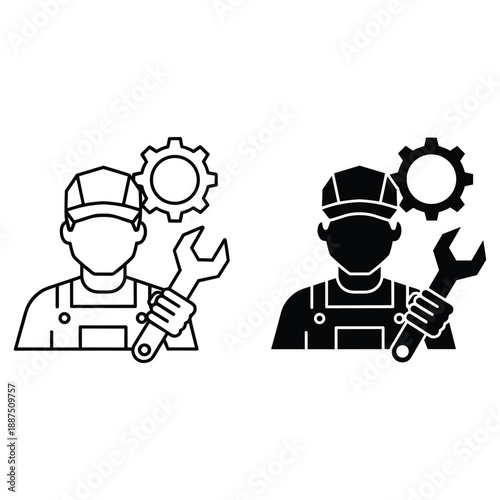 Two workers in overalls holding wrenches and gears one in black and white the other in black mechanic