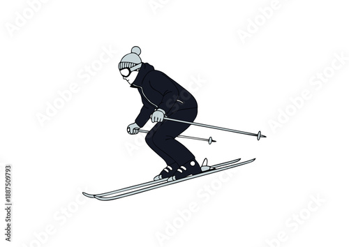Dynamic illustration of a lone individual enjoying the thrill of downhill skiing, showcasing an active winter sport lifestyle on a snowy slope