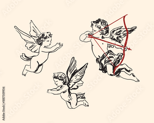 Fotografi Romantic Valentine Cupid Set with Hearts Arrows and Love Symbols