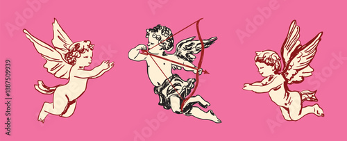 Fotografie Valentine Cupid with Bow and Arrow and Angels Set