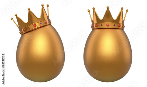 Foto Gold eggs adorned with golden crowns with red gemstones, isolated on white transparent background